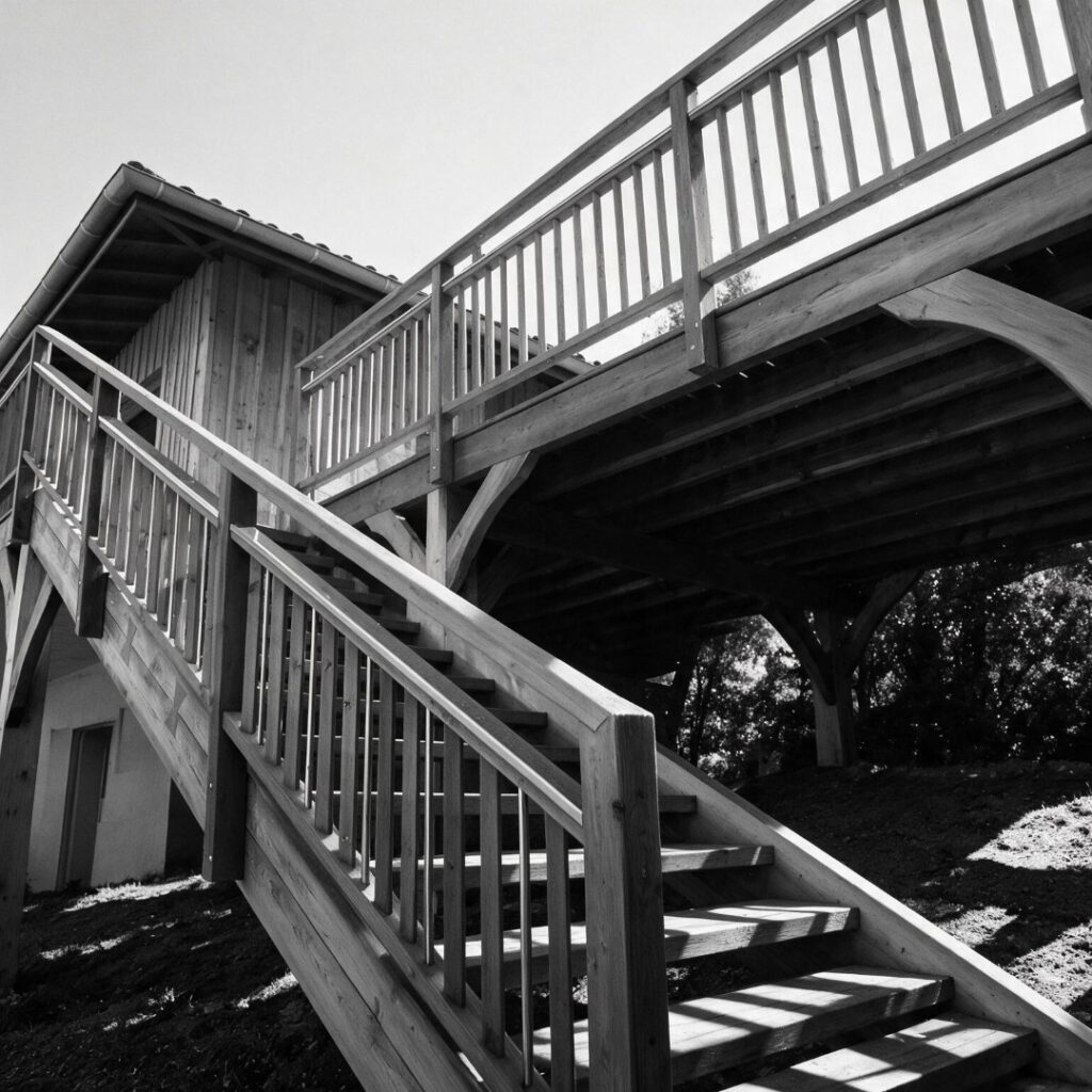escaliers et terrasses d'une maison ossature bois à labenne